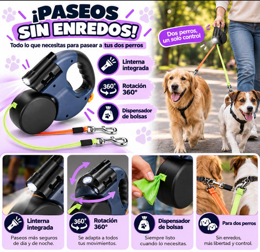 CORREA RETRACTIL PARA DOS PERROS DUO PASEO + ENVIO GRATIS